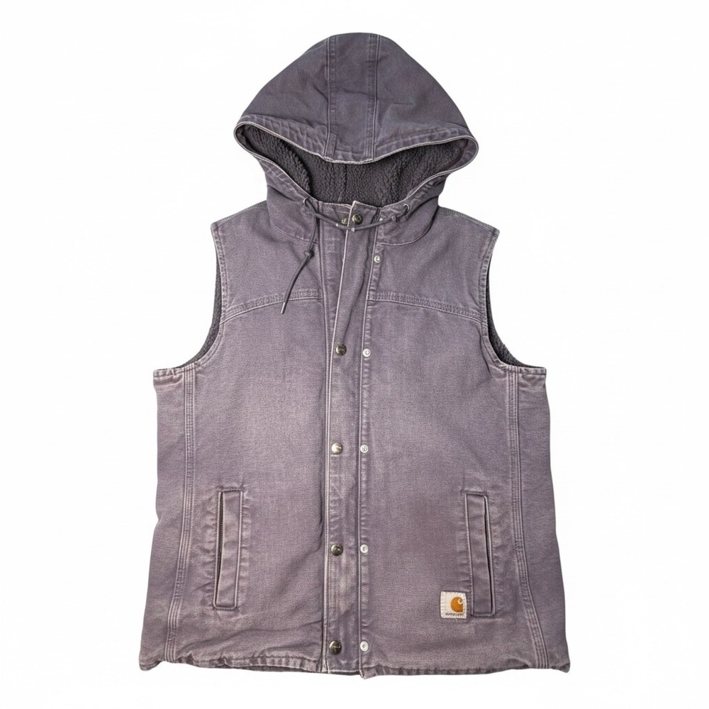 Vtg Carhartt Women's Sandstone Duck Sherpa Lined Hooded Vest Faded Gray Lilac - Picture 1 of 10